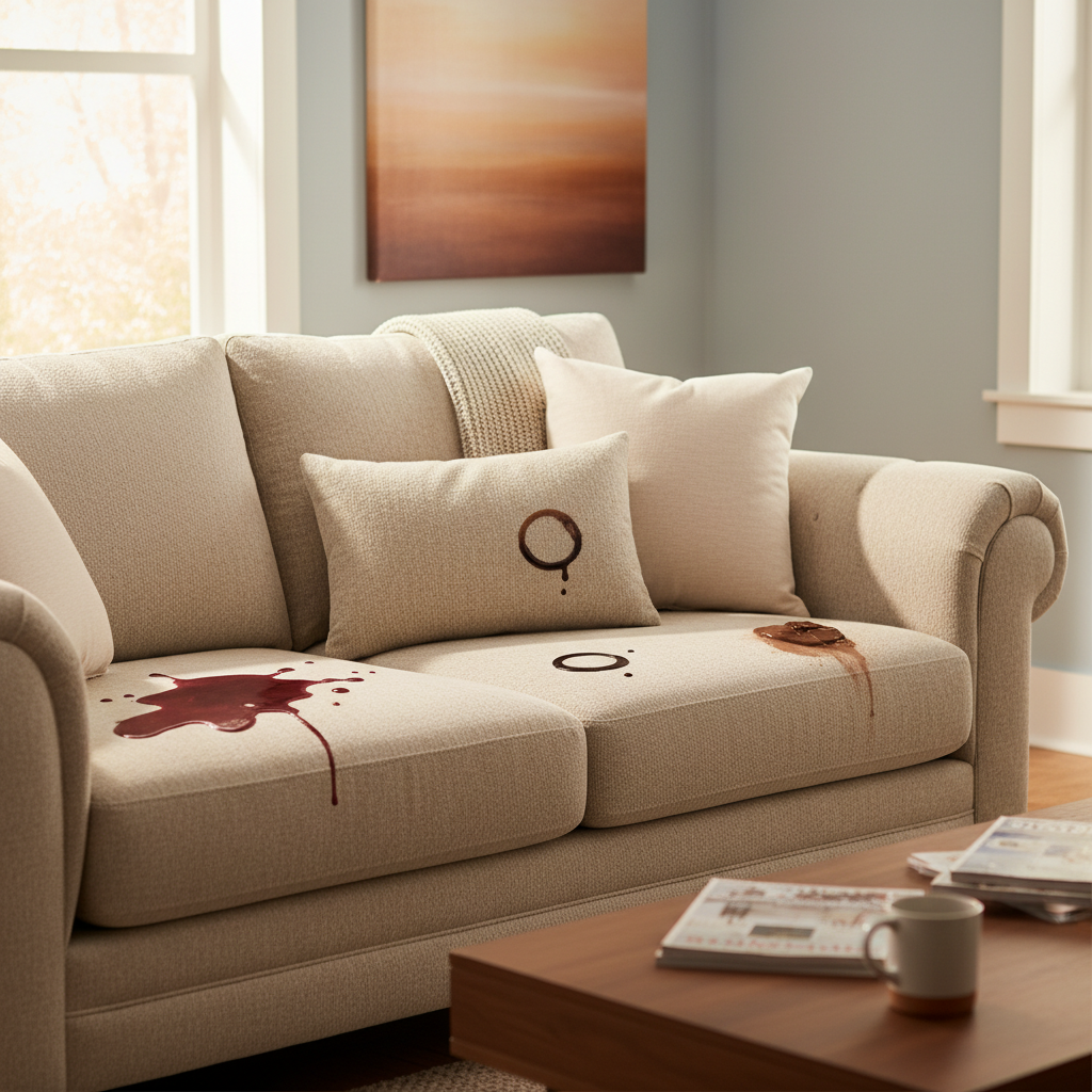 A professional, warm photo of a comfortable, stylish sofa in a modern living room. The sofa, perhaps a light gray or beige, has several distinct but artfully arranged fresh stains: a splash of deep red wine on one cushion, a dark coffee ring on another, and a subtle smudge of melted chocolate near the armrest. The overall scene conveys a common household challenge, with a focus on the variety of common spills, hinting at the need for cleaning. The lighting should be soft and inviting, making the sofa look appealing despite the stains.