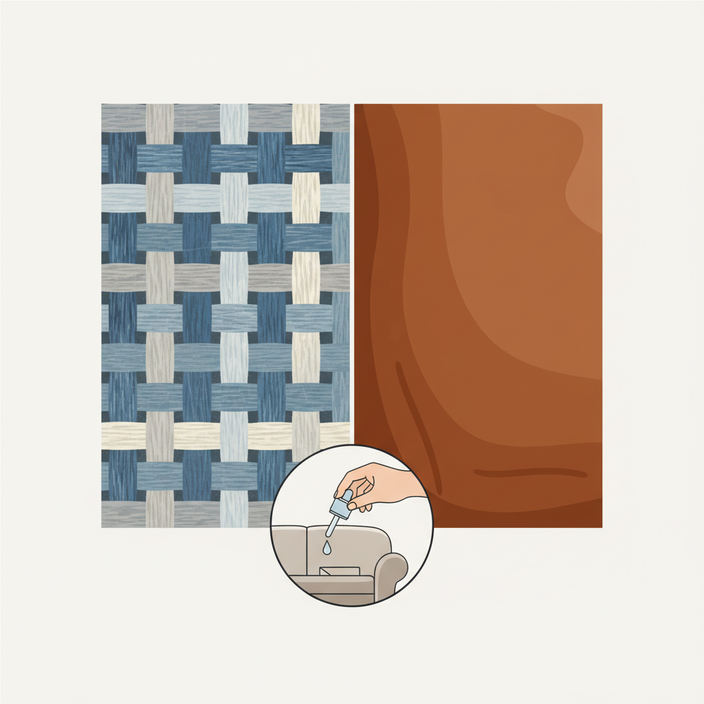A clean, modern flat illustration depicting the concept of understanding sofa materials and testing. The image shows two distinct panels side-by-side: one panel displays a close-up, abstract texture representing woven fabric (like linen or cotton), while the adjacent panel shows a smooth, rich leather texture. Below these, a smaller, circular inset shows a hand carefully dabbing a clear liquid from a small bottle onto a hidden patch of generic sofa material, illustrating the 'test on inconspicuous area' step. The color palette should be harmonious and professional.