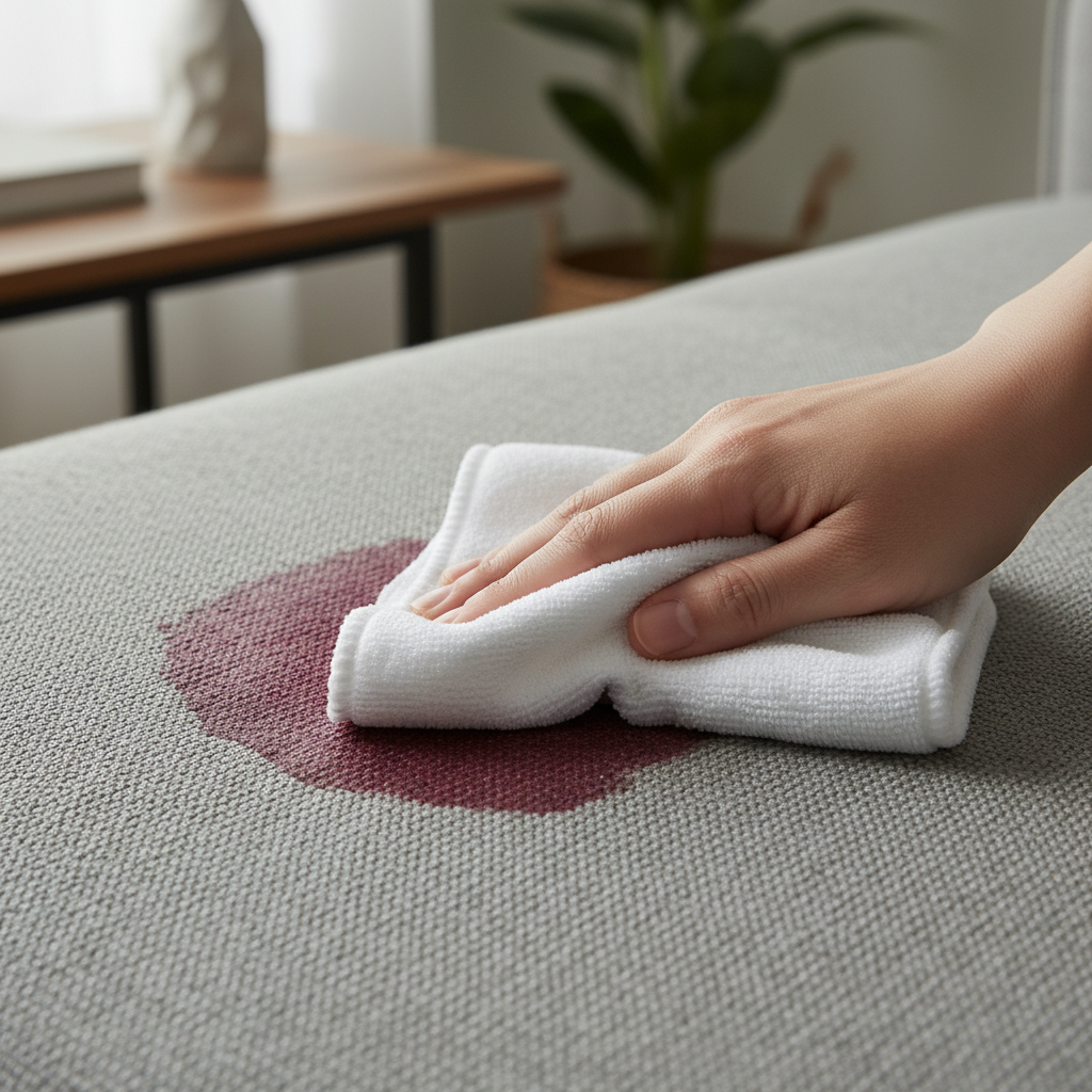 A close-up, professional photo capturing the immediate action of stain removal on a modern fabric couch. A hand, holding a clean, white microfibre cloth, gently dabs at a fresh red wine stain spreading slightly on the light grey upholstery. The focus is on the delicate, blotting motion, emphasizing the 'not rubbing' technique. The couch fabric shows subtle texture, and a faint outline of the liquid can be seen around the dabbing cloth, highlighting the urgency of the situation. The lighting is soft and natural, creating a clean, crisp image.
