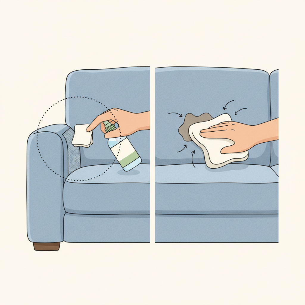 A clean, minimalist flat illustration depicting the key initial steps of stain removal on a couch. The illustration shows a split view of a sofa cushion. On one side, a hand performs a discreet 'test on an inconspicuous spot' using a small swatch of fabric or cleaning solution. On the other side, a hand uses a clean cloth to gently dab at a small, generic brown stain, with subtle motion lines or arrows indicating movement from 'outside to inside.' The overall aesthetic is bright and simple, using complementary colors for the couch and cleaning tools, conveying helpfulness and ease.