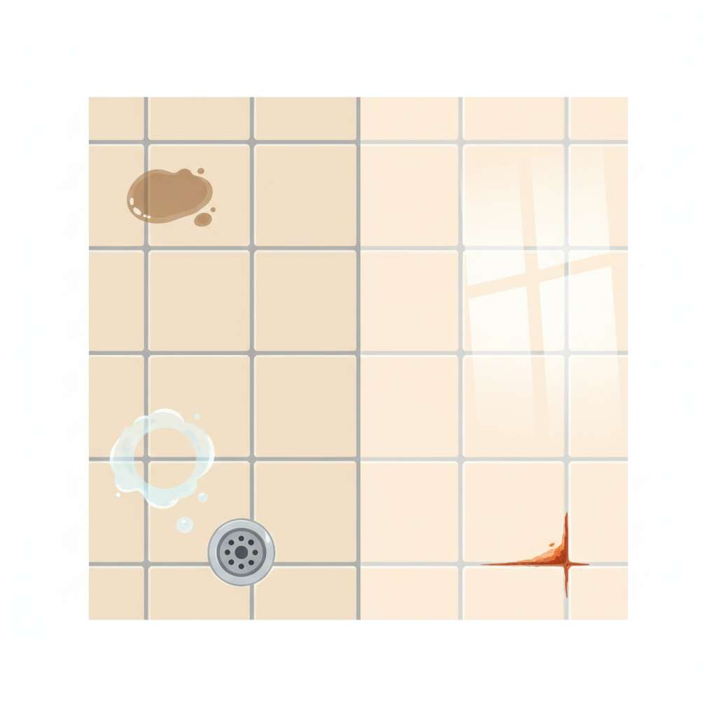 An engaging, infographic-style illustration depicting a split scene of a tiled floor. On the left side, the tiles show various common household stains: a dark grease spot in a kitchen corner, a faint ring of soap scum near a shower, and a small, reddish rust mark on a floor tile. On the right side, the exact same tiled area appears impeccably clean, sparkling and reflective, free of any blemishes. The overall aesthetic should be bright and clean, emphasizing the transformation from dirty to perfectly polished.