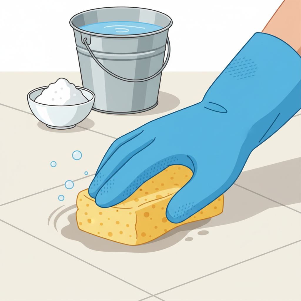 A detailed flat illustration showcasing a close-up of a hand actively cleaning a ceramic floor tile. The hand, wearing a blue cleaning glove, holds a damp, soft sponge vigorously scrubbing a persistent, dark grease stain on a light-colored kitchen tile. Small, subtle bubbles or a 'sparkle' effect emanate from the cleaned area, highlighting the effectiveness. In the background, blurred elements like a bucket of clear water and a small bowl with a white paste (suggesting baking soda) hint at different cleaning solutions. The style should be clean, modern, and visually appealing for a blog.