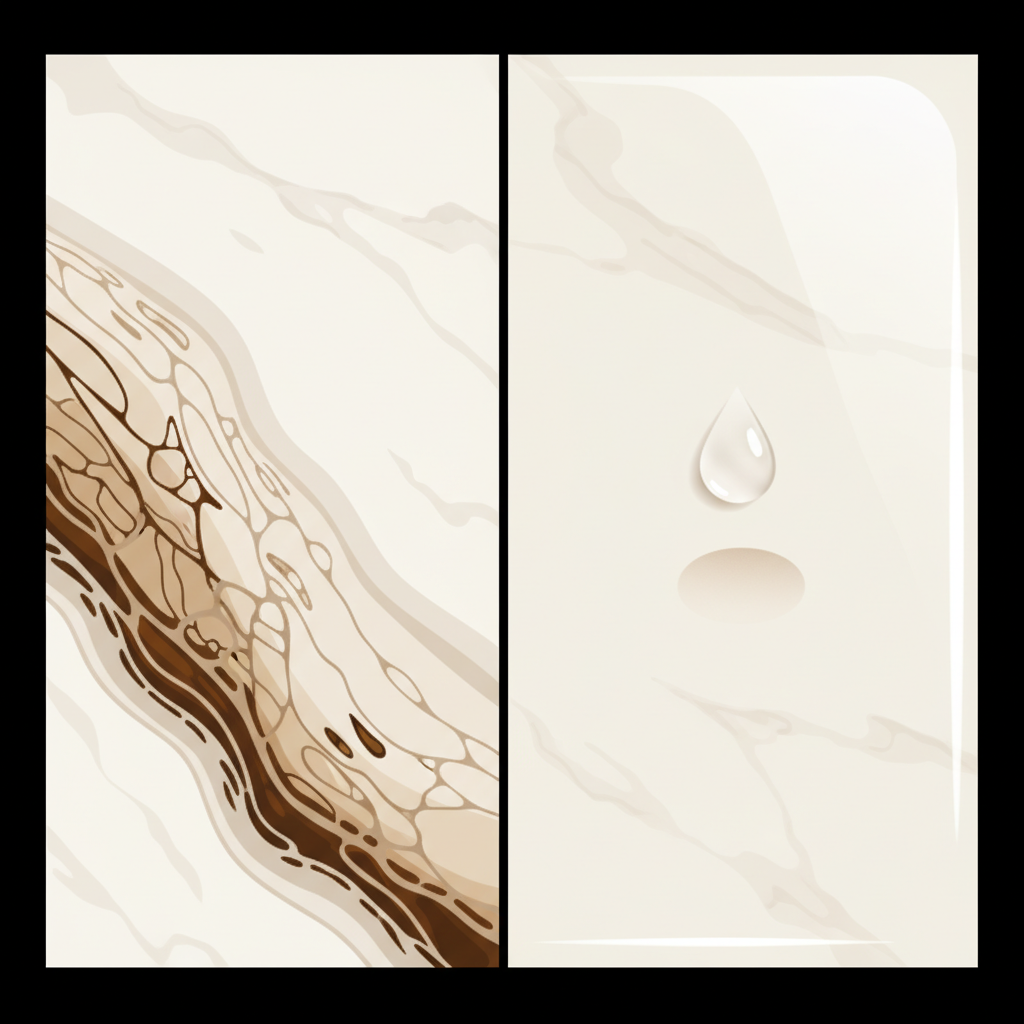 A clean, modern infographic illustration demonstrating marble's inherent vulnerabilities. The left side features a stylized, magnified cross-section of creamy white marble, clearly showing fine internal pores. A dark liquid is visibly being absorbed and spreading into these pores, illustrating the material's porosity. The right side displays a pristine, polished marble surface where a single drop of a clear, colorless liquid has landed, leaving a subtle, dull, etched circular mark on the finish, contrasting with the surrounding shine. The overall aesthetic is educational and elegant, using natural stone tones.