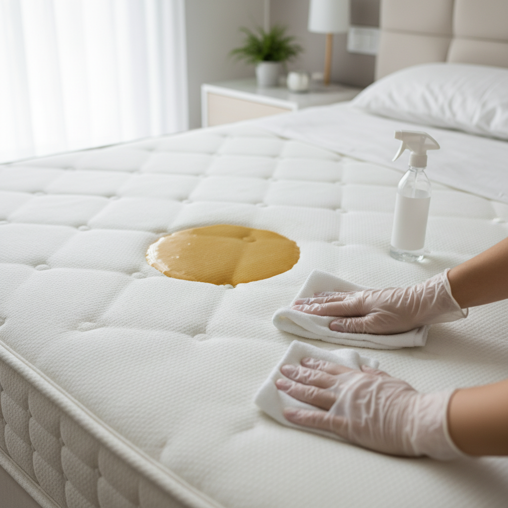 A professional, well-lit photo of a mattress on a bed in a bright bedroom. Focus on a specific section of the mattress. One part of this section clearly displays a noticeable, fresh liquid stain, like a spilled coffee or juice ring. Adjacent to it, another part of the mattress, slightly blurred, appears perfectly clean and pristine. In the foreground, a pair of hands wearing light gloves gently presses a clean white cloth onto the stained area, with a generic, unbranded spray bottle nearby, suggesting the active cleaning process. The scene should convey a sense of care and effective stain removal.