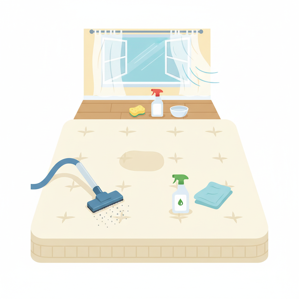 A vibrant, flat illustration depicting the essential preparation steps for mattress stain removal. The composition is a top-down view of a mattress. On one side, an upholstered vacuum nozzle is actively removing debris. In the center, a small, discreet test patch on the mattress fabric is visible, with a generic spray bottle and a microfibre cloth nearby, symbolizing testing. In the background, an open window with a gentle breeze subtly indicates ventilation. Various tools like a clean sponge and another unbranded spray bottle are neatly arranged, emphasizing organization before cleaning. The style should be clean, modern, and infographic-like, using soft, inviting colors.