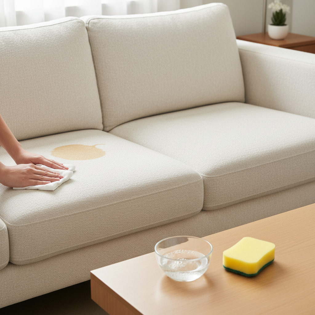 A professional photo capturing a detailed scene of a sofa being cleaned. On the left side of a modern, light-colored fabric sofa, there's a small but noticeable coffee stain. On the right side, the exact same area is visibly spotless and fresh. A person's hands, in the process of cleaning, are gently dabbing the stained section with a clean white cloth, with a small bowl of a clear cleaning solution and a sponge placed nearby on a clean surface. The lighting is bright and natural, creating an inviting and successful atmosphere.