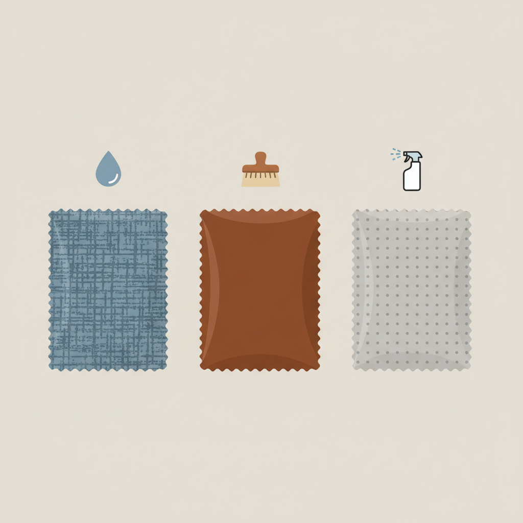 A clean, minimalist flat illustration depicting the concept of identifying sofa material types. The image features three distinct, stylized sofa swatch examples arranged horizontally: one representing a woven textile fabric (e.g., cotton or linen), one a smooth, luxurious leather, and one a synthetic leather with a subtle texture. Each swatch has a small, universally recognizable icon subtly placed nearby, visually suggesting its care needs (e.g., a water droplet for fabric, a dry brush for leather, a general cleaning spray for synthetic). The background is a soft, neutral color.