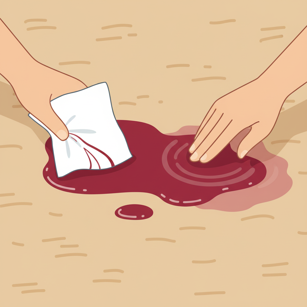 A close-up, dynamic flat illustration of a plush, beige carpet with a fresh spill of red wine. A hand is gently dabbing the liquid with a clean white paper towel, showing the liquid being absorbed upwards, contrasting with a faint outline of a hand rubbing a separate, small part of the stain, visibly spreading it. The composition highlights the difference between dabbing and rubbing. Vibrant, clean lines and a soft, inviting color palette suitable for a helpful guide.