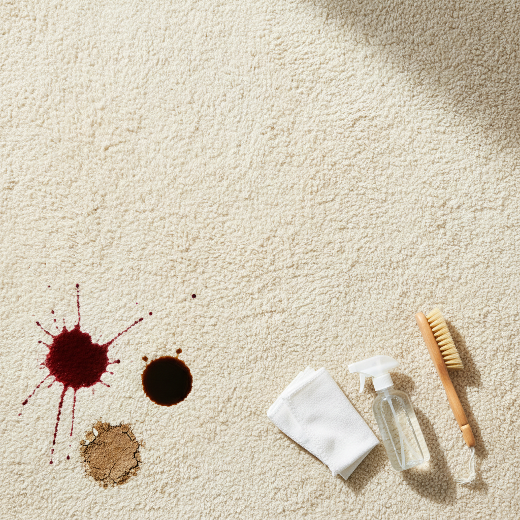 An overhead professional photograph capturing a pristine, light-colored carpet, meticulously clean and vibrant, occupying the majority of the frame. In the bottom left corner, a small, distinct area of the carpet shows various common stains: a red wine splash, a dark coffee spill, and a small smudge of mud. Arranged neatly beside these stains are generic cleaning essentials: a clean white microfibre cloth, a generic unlabelled spray bottle, and a soft-bristled brush, subtly implying the means to achieve the surrounding cleanliness. Soft, natural lighting accentuates the carpet's texture.