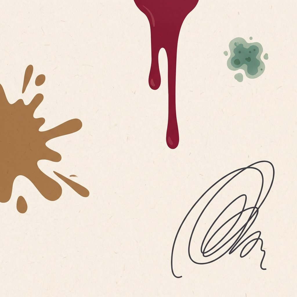 A visually appealing flat illustration depicting a clean, light-colored wall surface, subtly textured. Various distinct household stains are artistically arranged on different parts of the wall. These include a splash mark resembling coffee, a dripping stain suggestive of red wine, a thin scribbled line indicating a pen mark, and a small, organic patch representing mold. The overall composition should clearly highlight the contrast between the pristine wall and the unsightly, yet recognizable, blemishes. The style should be modern and clean, with a focus on simple shapes and appealing colors that differentiate the stains.