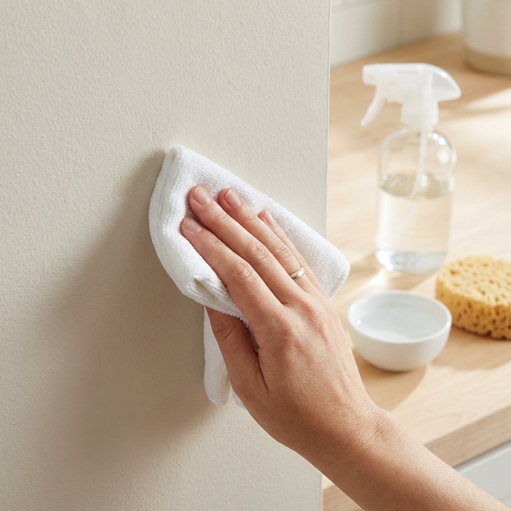 A professional, bright, and clean photo from an overhead or slightly elevated angle, focusing on a hand gently dabbing a small, almost invisible spot on a light-colored, subtly textured wall with a soft, white cloth. In the background, slightly out of focus, various cleaning supplies are neatly arranged: a spray bottle, a small bowl of liquid, and a sponge, symbolizing preparation. The scene should convey a sense of careful testing and methodical approach to stain removal, highlighting the initial steps before full cleaning. Shallow depth of field to emphasize the action on the wall.