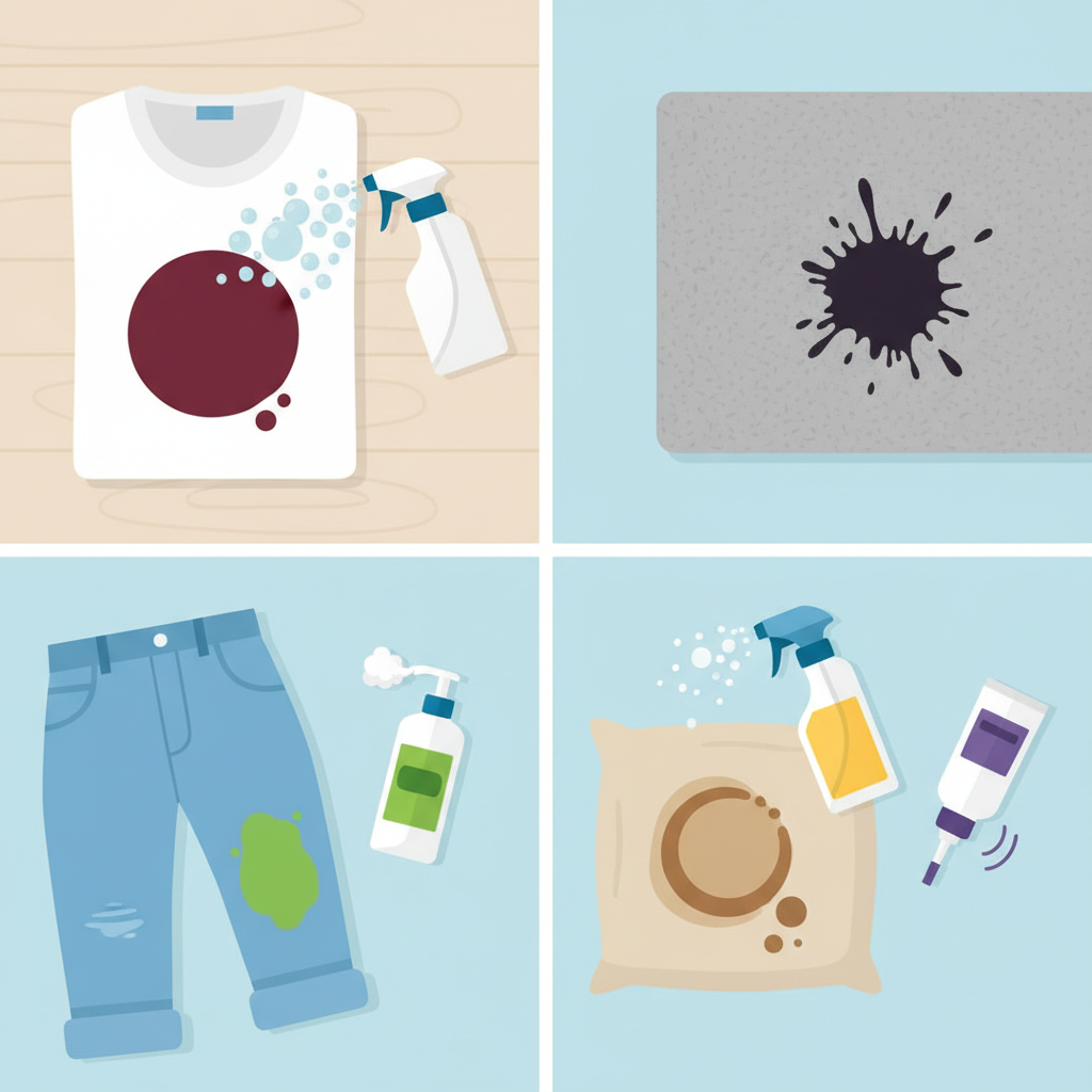 A vibrant, flat illustration depicting a variety of common household stains on different textile surfaces. Imagine a white t-shirt with a red wine stain, a denim jeans leg with a vibrant green grass stain, a sofa cushion with a freshly spilled coffee ring, and a small carpet patch with a noticeable ink blot. Each stain is visually distinct and prominent. Adjacent to or subtly interacting with each stain is a generic, clean-looking cleaning product bottle or spray, suggesting the act of removal. The overall scene should convey effectiveness and variety without showing any specific brand logos. The color palette should be bright and inviting, emphasizing cleanliness.