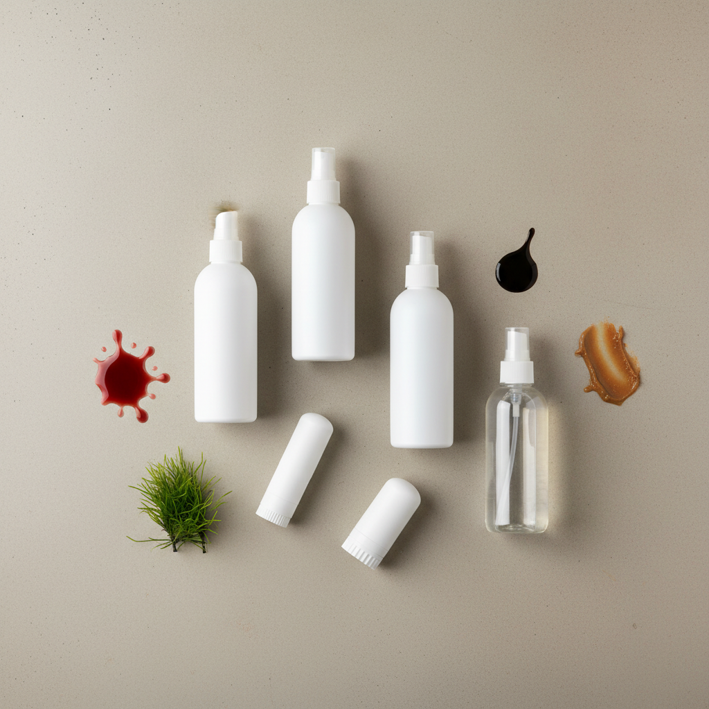 A professional photo-style flat lay composition on a clean, minimalist light-colored surface. The central focus is an assortment of generic, modern-looking stain remover bottles, sprays, and perhaps a stain stick, all without any branding or text. Surrounding these products are small, artfully arranged visual representations of different common stain types: a miniature splash of red liquid, a tiny patch of green grass, a blob of dark ink, and a smear of brown grease. Each distinct stain type is subtly linked to a relevant cleaning product through proximity, implying targeted treatment. The lighting is soft and even, highlighting sleek product designs and the nature of the stains.