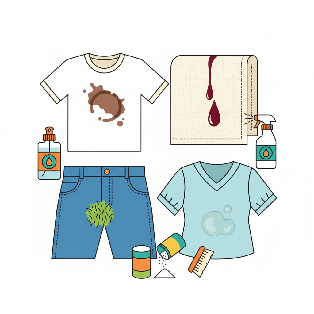 A vibrant, infographic-style illustration showcasing various common stains on different fabric textures. Imagine a splattered coffee mug stain on a white t-shirt, a red wine drip on a linen napkin, a grassy smudge on denim jeans, and a greasy blob on a silk blouse. Surrounding these stained items, an assortment of stylized stain removal products are depicted: a liquid remover bottle, a spray bottle, a powder dispenser, and a scrubbing brush, each subtly indicating its application. The scene should convey a sense of diverse stains being met with targeted solutions, all in a clean and approachable aesthetic.