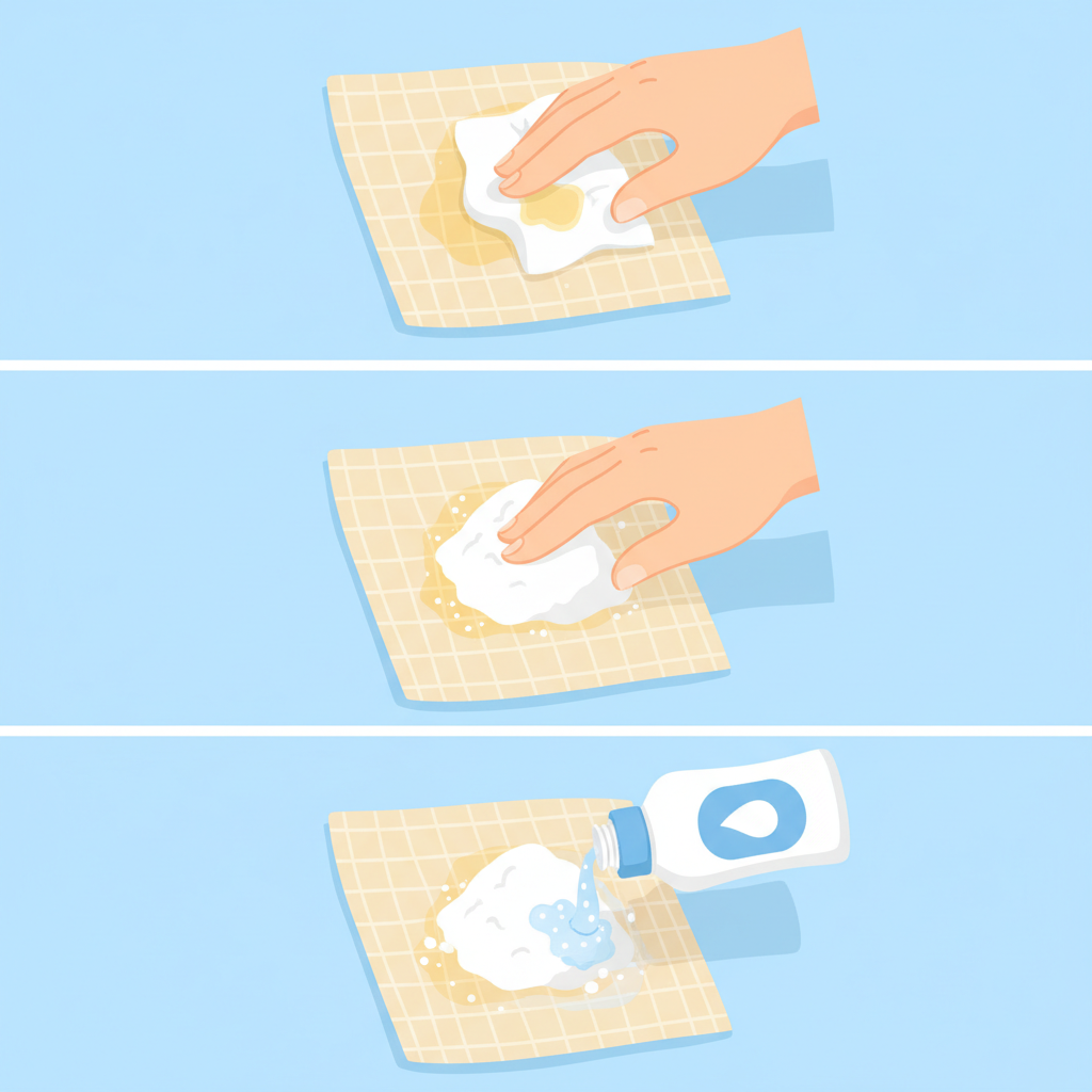 A close-up, clean flat illustration demonstrating the step-by-step process of removing a fresh fat stain from clothing. The first panel shows a hand gently blotting an oily stain on a light-colored fabric with a crumpled paper towel. The second panel depicts a small pile of white powder (representing starch or baking powder) generously sprinkled over the remaining stain. The third panel illustrates a small, generic bottle of liquid stain remover being applied directly onto the treated area. The fabric's weave should be subtly visible, and the overall style should be simple, bright, and instructional.