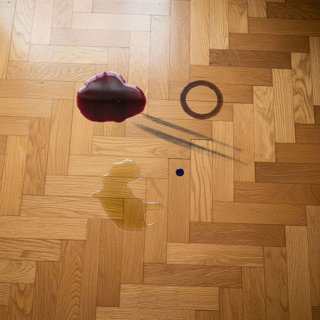 A high-quality, professional photo capturing a close-up perspective of a beautiful, polished parquet floor. Several distinct common household stains are visible on different wooden planks: a crimson red wine spill, a dark brown coffee ring, a faint, dark shoe scuff mark, a small blue ink dot, and a subtle, greasy food smear. The image emphasizes the contrast between the elegant wood grain and the unsightly blemishes, highlighting the challenge of keeping the floor pristine. The lighting is warm and natural, showcasing the wood's texture and shine, with sharp focus on the stains.