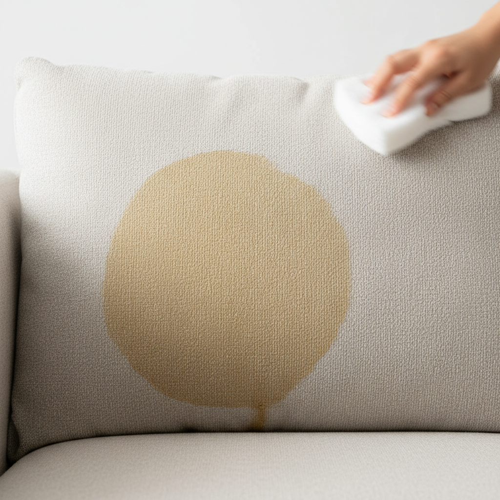 A close-up, dynamic studio photograph showcasing the effective removal of a common stain from a sofa. One half of a plush, light-colored fabric sofa cushion clearly displays a fresh, dark coffee stain with visible liquid rings. Adjacent to it, the other half of the cushion is visibly clean and pristine, illustrating the 'before and after' effect of cleaning. A blurred hand in the background gently holds a generic cleaning tool or sponge, hinting at the action of cleaning without being the main focus. The lighting is soft and natural, emphasizing the texture of the fabric and the contrast between stained and clean areas.