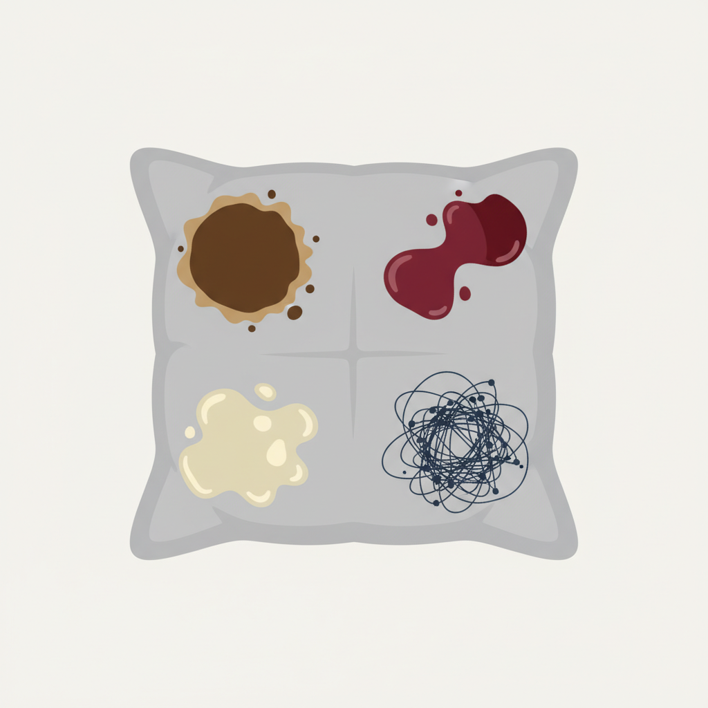A vibrant, clean flat illustration depicting a single, plush grey sofa cushion as a visual catalog of common household stains. The cushion is conceptually divided into distinct, abstract sections, each containing a stylized representation of a different type of stain: a brown splat for coffee, a deep red spill for wine, a translucent yellowish blob for grease, and a dark blue scribble for ink. Each stain is clearly differentiated by color and texture, making them easily identifiable at a glance. The overall aesthetic is minimalist and modern, suitable for explaining various stain types effectively.