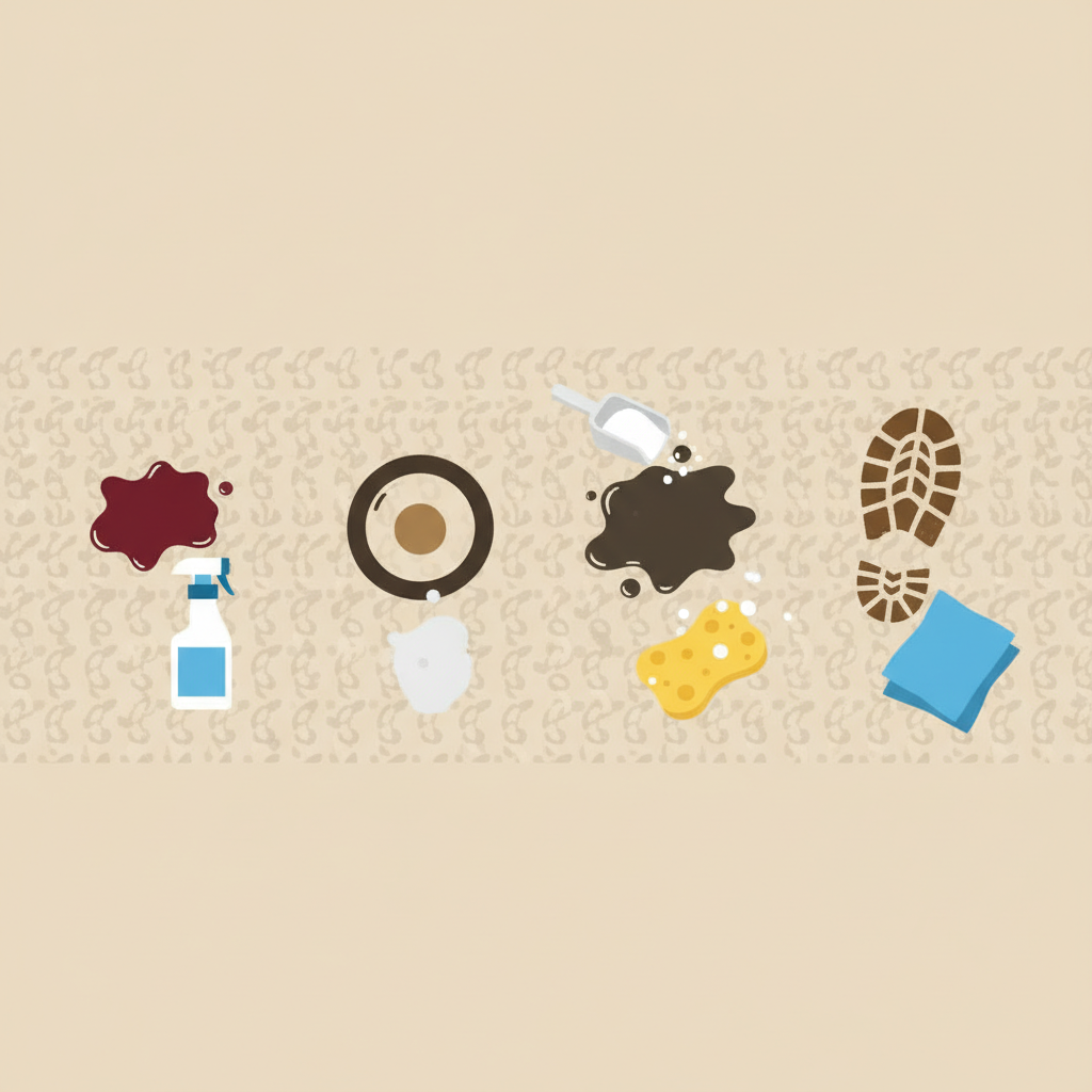 A flat illustration depicting a close-up of a beige carpet section. Various distinct stains are visible: a small red wine spill, a coffee ring, a greasy smudge, and a muddy footprint. Next to each stain, a generic tool or product type is shown, hinting at the appropriate treatment: a small spray bottle for the wine, a scoop of white powder for the coffee, a sponge for the grease, and a cleaning cloth for the mud. The overall style is clean, modern, and infographic-like, emphasizing clarity and visual distinction of the different stains and their corresponding generic removal methods.