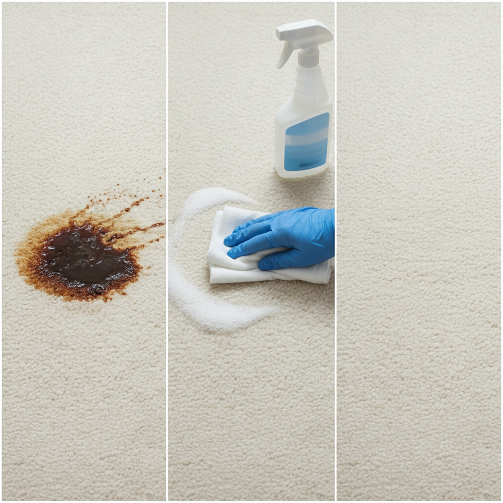 A professional photo or realistic vector illustration showcasing a step-by-step stain removal process on a light-colored carpet. The image is divided into two or three distinct sections. The first section shows a prominent, fresh coffee stain soaking into the carpet fibers. The middle section features a human hand, wearing a cleaning glove, gently dabbing the stain with a white cloth, with a generic spray bottle of cleaner subtly visible in the background, showing some light foam activity. The final section displays the same carpet area, now completely clean and dry, with no trace of the stain, emphasizing restored freshness.