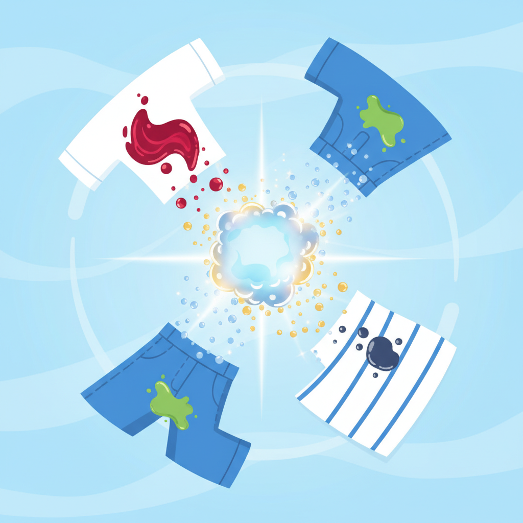 A dynamic flat illustration depicting various common stains (e.g., a red wine spill on a white shirt, a grass stain on jeans, an oil splat on a kitchen towel) dissolving from fabric. A swirling, shimmering effect emanates from a generic cleaning action, actively lifting and breaking down the colorful blotches, revealing pristine, undamaged textile underneath. The overall scene should convey effective stain removal and the restoration of cleanliness, using bright, hopeful colors and clean lines, suitable for a blog header or section divider. The composition should feel optimistic and clean.