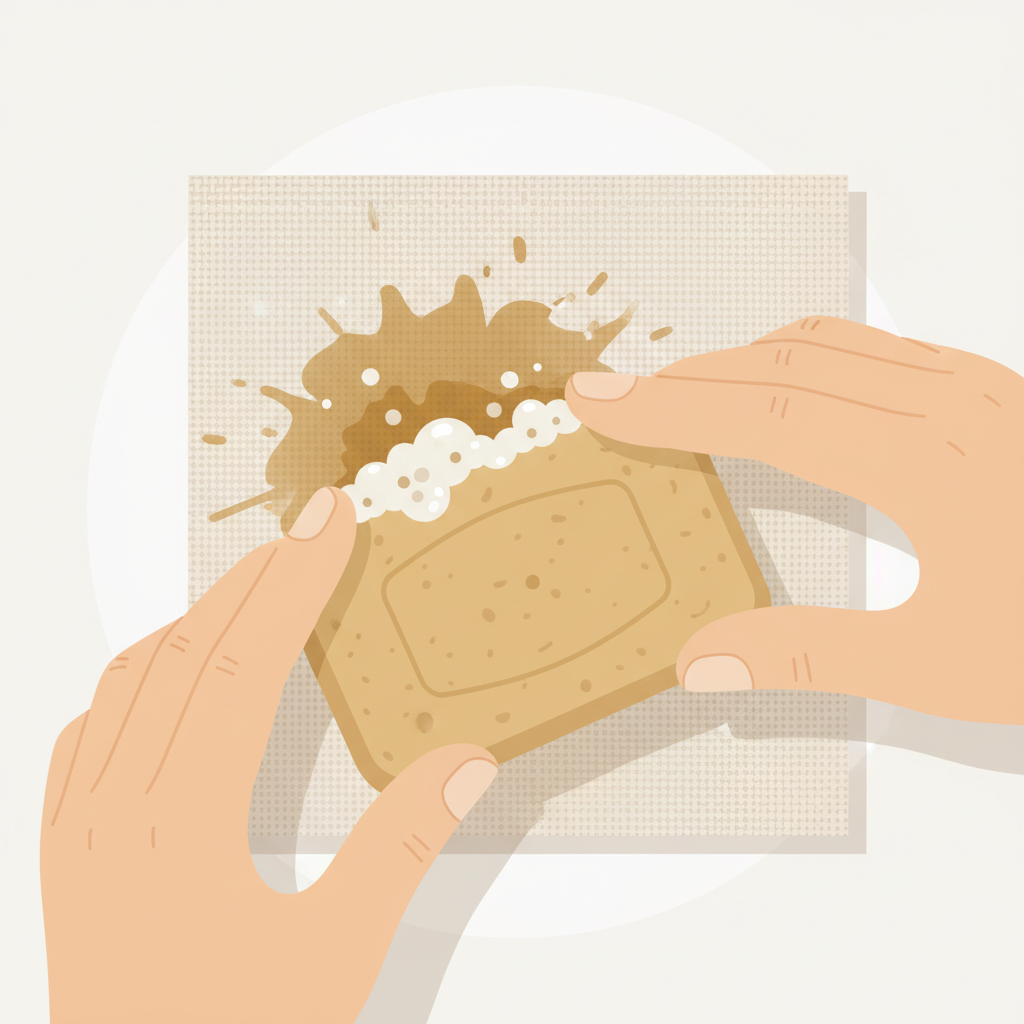 A detailed flat illustration showcasing the application of a bar of traditional Gallseife (bile soap) onto a common, stubborn stain like a greasy cooking oil spot on a light-colored fabric. The textured soap bar is being gently rubbed onto the stain. Visual cues should show the stain beginning to emulsify and dissolve into the fabric's fibers, hinting at its effectiveness. The background should be clean and simple, focusing entirely on the action of the soap and the fabric, conveying a sense of practical, hands-on cleaning.
