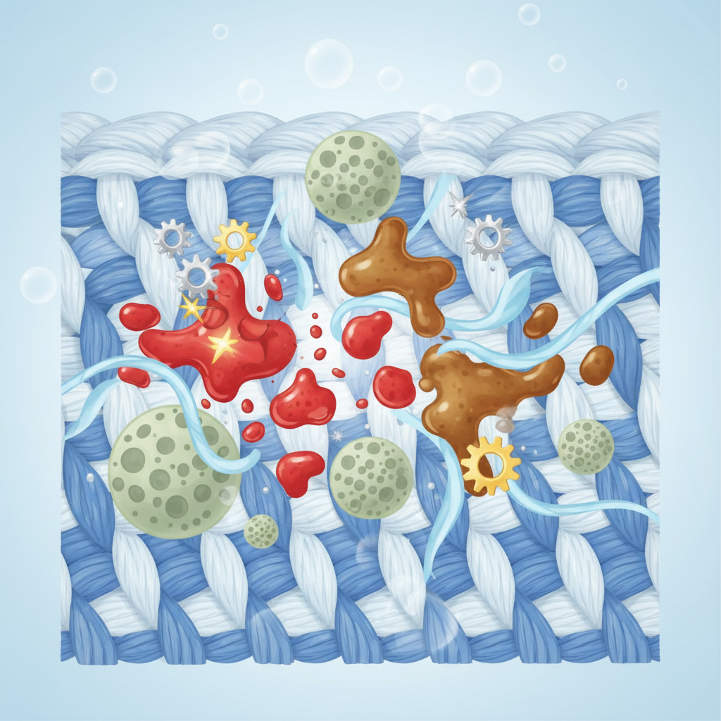 An infographic-style illustration demonstrating the microscopic action of a no-wash stain remover on fabric fibers. The image should feature a magnified, cross-sectional view of intertwining fabric threads, with different types of stain molecules (e.g., abstract red blobs for organic matter, brown irregular shapes for oil) embedded within them. Around these stains, various stylized elements represent the active ingredients: small, star-like or gear-like shapes symbolizing enzymes breaking down particles, wavy lines for surfactants lifting and emulsifying, and porous spheres or sponges for absorbent materials soaking up liquid. The composition should clearly convey the concept of targeted, non-washing stain removal at a molecular level, with a clean, educational, and accessible aesthetic.