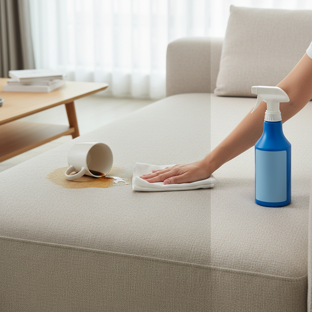 A high-quality, professional photo depicting a modern living room scene. A stylish, light-colored fabric sofa is the main focus. On one section of the sofa, a freshly spilled coffee stain is clearly visible, with a tipped-over coffee cup nearby, hinting at the cause. In the adjacent section, the same sofa material appears pristine, spotless, and subtly glowing, suggesting a successful cleaning. A generic hand (gender-neutral) is gently dabbing the stained area with a clean, white microfibre cloth, while a generic spray bottle of couch cleaner is placed next to it. The image conveys both the problem and the effective solution.