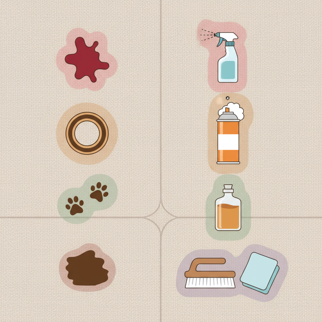 An engaging flat illustration in a clean, infographic style. The image should visually represent common couch stains and their appropriate cleaning tools. On the left side, a series of small, distinct icons or stylized splotches illustrate various stains: a red wine splash, a coffee ring, muddy paw prints, and a chocolate smudge. On the right side, corresponding icons depict cleaning solutions: a spray bottle, a foam cleaner can, a bottle of liquid concentrate, and a gentle scrubbing brush with a soft cloth. Subtle visual cues, like color coordination or implied connections, link each stain type to its suitable cleaning method, without any arrows or explicit connectors. The background is a minimalist, textured representation of a generic couch fabric.