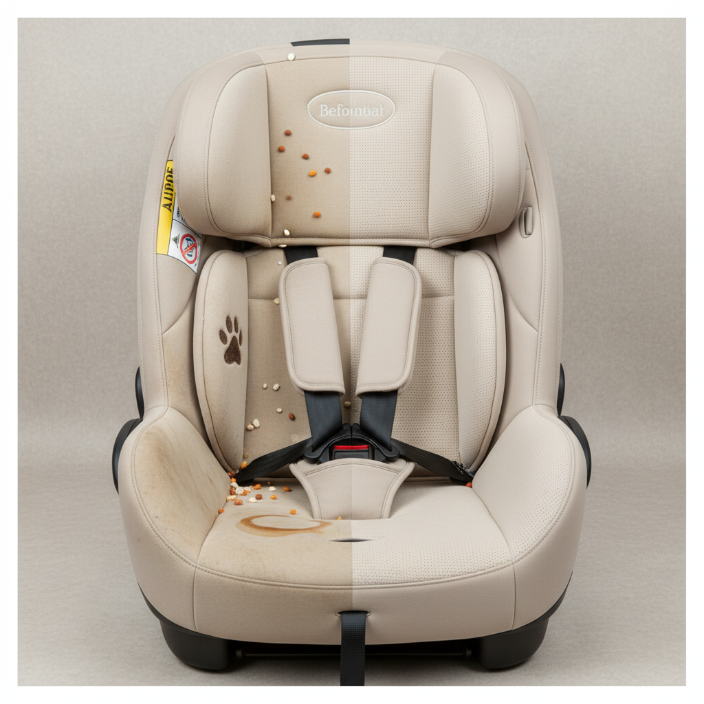 A high-quality, professional photo depicting a car seat split down the middle. One half of the seat (the 'before' side) is visibly soiled with various common stains like a spilled coffee ring, a small muddy paw print, and a few scattered food crumbs on a light-colored fabric. The other half (the 'after' side) is pristine, clean, and perfectly restored, showcasing the fabric's original texture and color. The lighting is bright and even, emphasizing the stark contrast between the dirty and clean areas, without any human presence.
