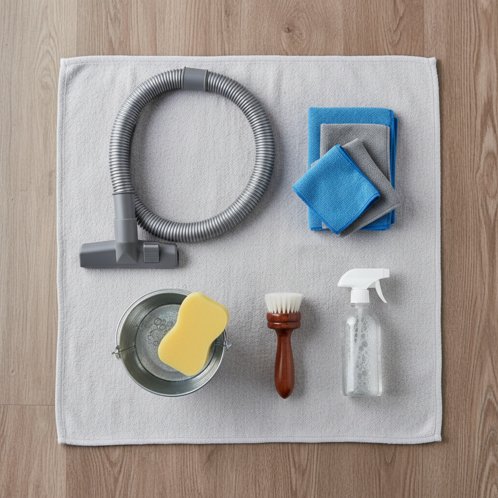 A detailed, professional flat lay photograph showcasing all the essential tools and materials for car seat cleaning, arranged neatly on a clean, neutral surface. Prominently featured are a vacuum cleaner hose with an upholstery attachment, several soft microfiber cloths, a small soft-bristled brush, a spray bottle (implying cleaning solution), a small bucket filled with clear water, and possibly a sponge. The composition should be clean and organized, conveying readiness and professionalism for a cleaning task.