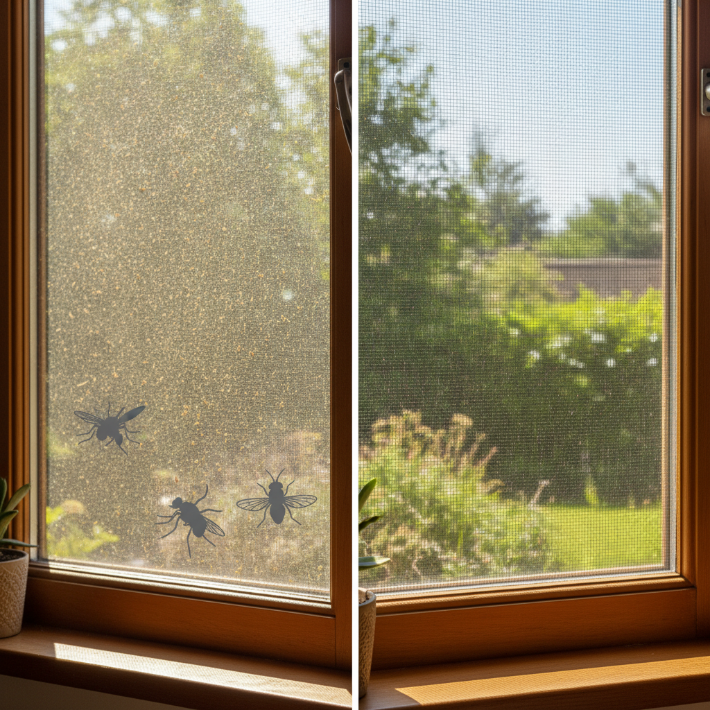 A split-screen or 'before and after' style image focusing on a window with a fly screen. On the left side, the fly screen is visibly dirty, covered in a thin layer of dust, pollen, and grime, making the view outside slightly hazy and the light dimmer. On the right side, the fly screen is sparkling clean, allowing clear, bright sunlight to stream into the room and offering an unobstructed, crisp view outside. The mesh on the clean side is distinct and open. A few stylized, generic insects (like flies or mosquitoes) are subtly present near the dirty side, suggesting their previous attempts to enter. Professional photo or realistic digital painting style.