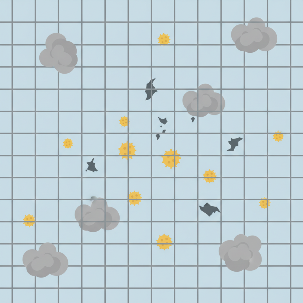 A close-up, infographic-style illustration of a section of a fly screen mesh. The mesh is clearly visible as a fine, interwoven grid. Various stylized particles are depicted clinging to and partially obstructing the mesh openings. These particles include small, fluffy grey dust accumulations, tiny yellow pollen grains, and dark, irregular soot specks. The background should be a soft, light color, emphasizing the particles on the screen. The overall visual conveys how dirt can clog the screen's functionality. Clean, modern flat illustration style with distinct, simplified shapes.