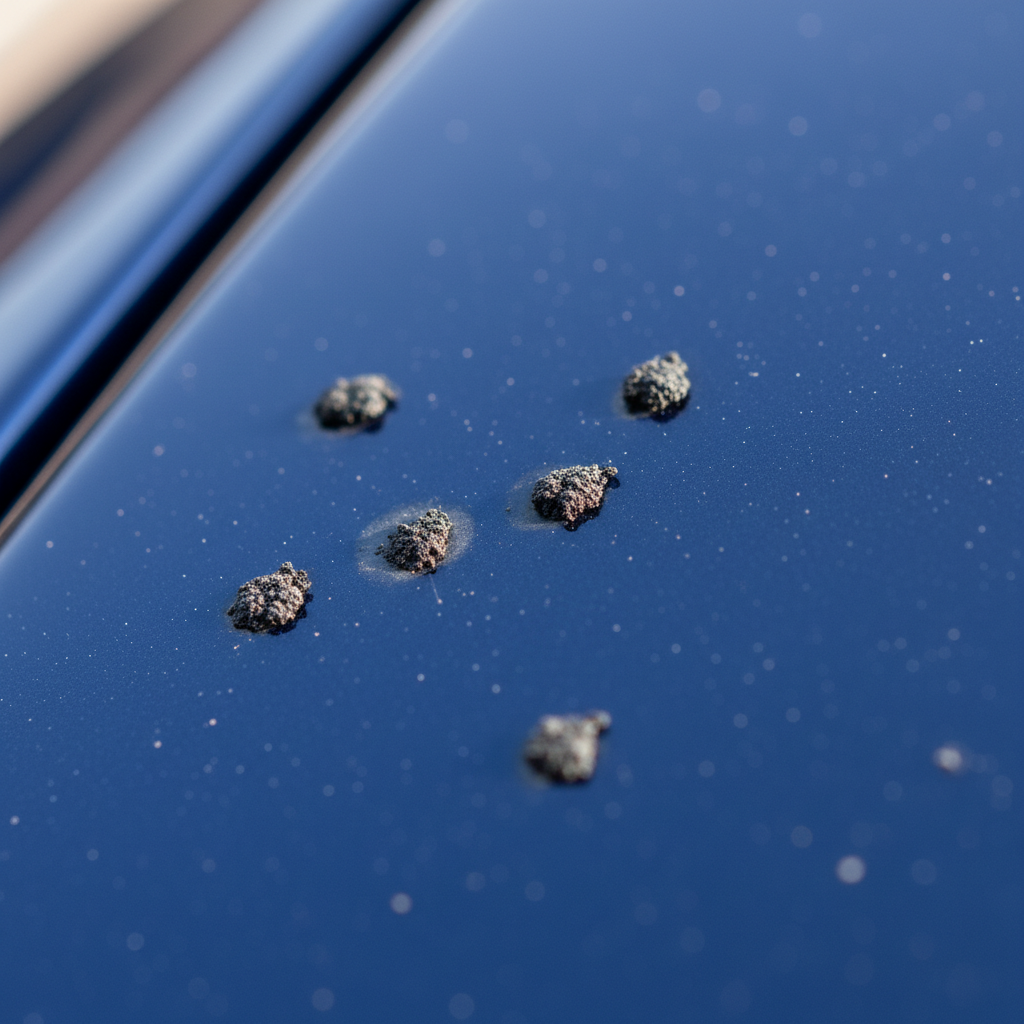 A highly detailed, close-up macro professional photo illustrating the problem of dried fly droppings on a glossy car paint surface. The image should feature several small, dark, and slightly textured spots of fly droppings scattered across a vibrant car color, perhaps deep blue or red. Around some of the spots, show a subtle, almost imperceptible etching or dulling effect on the otherwise pristine, reflective paint, visually suggesting the acidic damage. The lighting should highlight the texture of the droppings and the sheen of the paint, conveying a sense of minor but noticeable imperfection and potential harm.