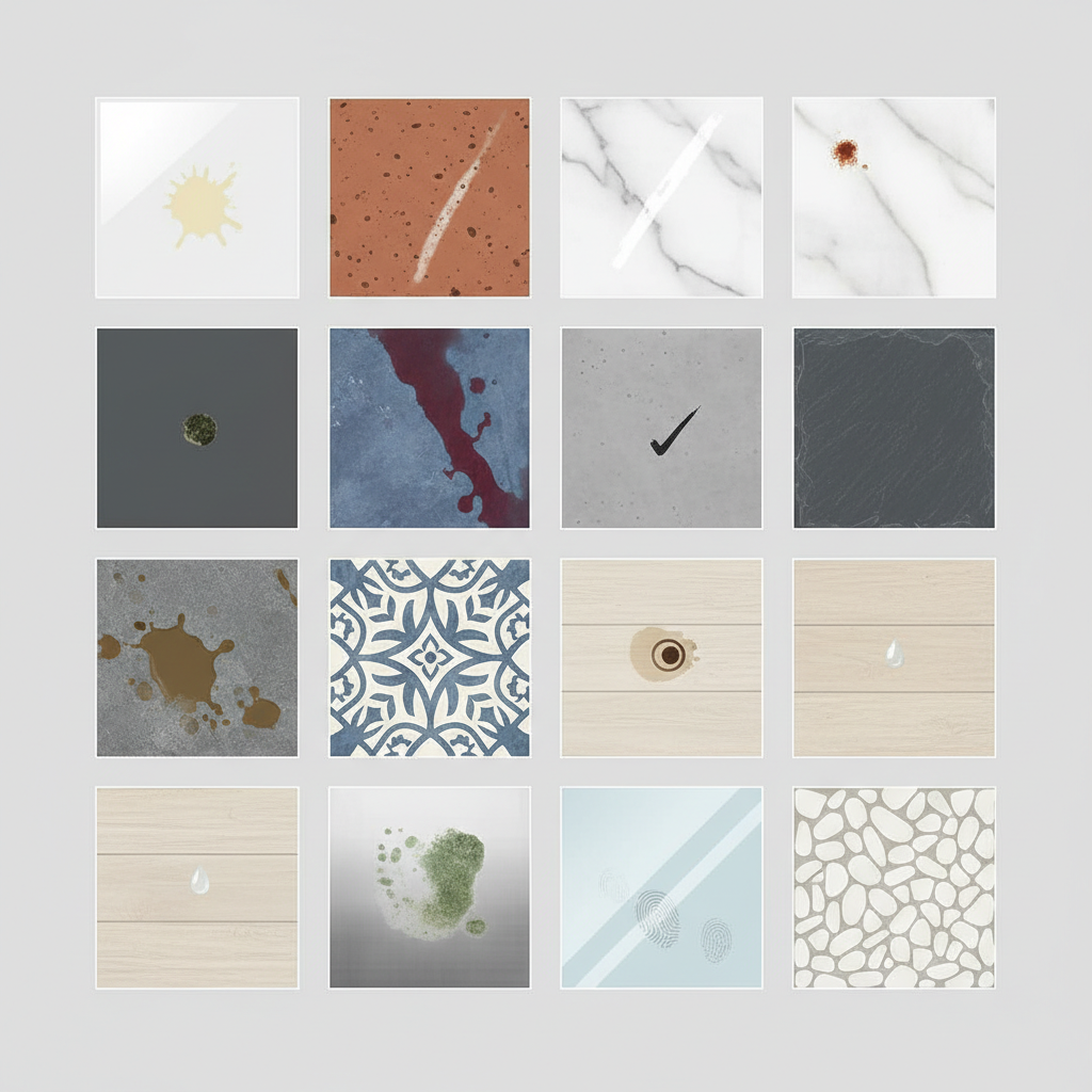 A visually engaging, clean flat illustration depicting a diverse array of tile samples arranged in a grid. Each tile square represents a different material type, such as glossy ceramic, porous unglazed ceramic, marbled natural stone, and sleek porcelain. On each tile sample, a distinct, emblematic stain is subtly visible: a grease splatter on one, a limescale streak on another, a tiny rust spot, and a faint mold patch. The overall impression is one of variety in both tile surfaces and the challenges they face, hinting at the need for identification before cleaning.