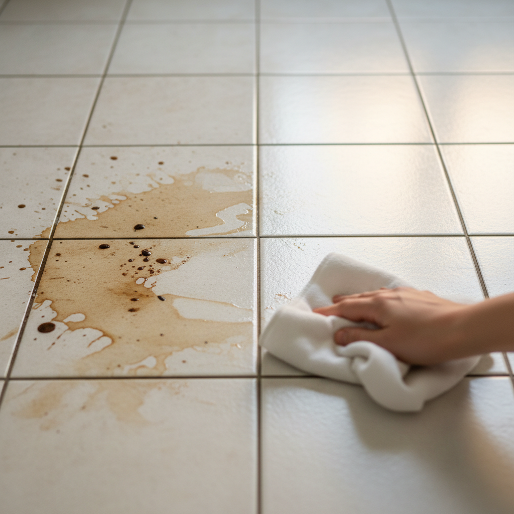 A vibrant, high-definition professional photo focusing on a tiled surface, clearly divided into two contrasting sections. One section of the tiles appears noticeably dirty with a visible, realistic stain (e.g., a dried coffee spill or a greasy mark). The adjacent section gleams impeccably clean, reflecting ambient light beautifully, showcasing its restored shine. A soft, blurred hand holding a gentle cleaning cloth or sponge is partially visible, either moving away from the clean area or subtly approaching the stained area, symbolizing the transformation and effective cleaning.