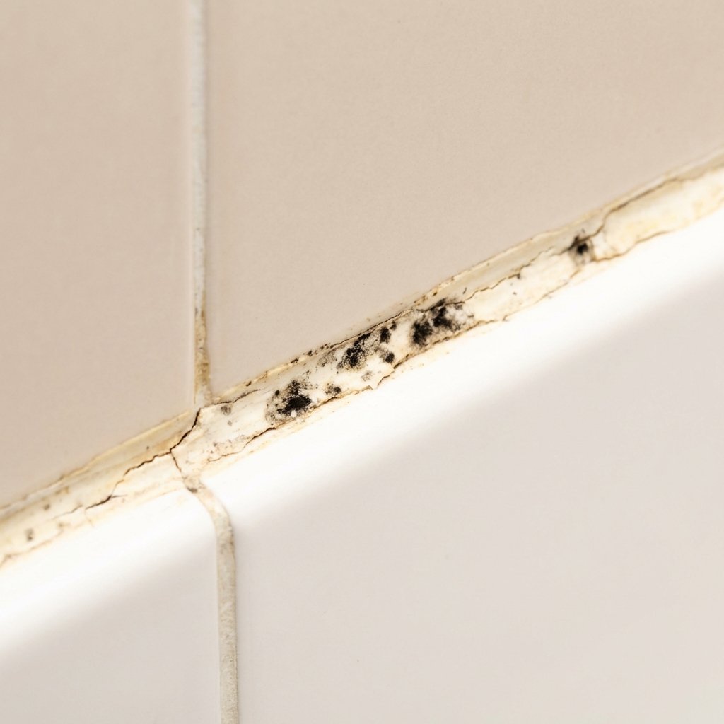 A close-up, professional photo of a bathroom or kitchen tile joint. The silicone caulk is visibly old, discolored (yellowish or grayish), with noticeable patches of black mold growing on its surface and small cracks appearing. The surrounding ceramic tiles are clean, modern, and light-colored, emphasizing the deteriorated caulk as an aesthetic and hygienic problem. Bright, focused lighting highlights the granular details of the damaged silicone, creating a stark contrast with the otherwise pristine environment.