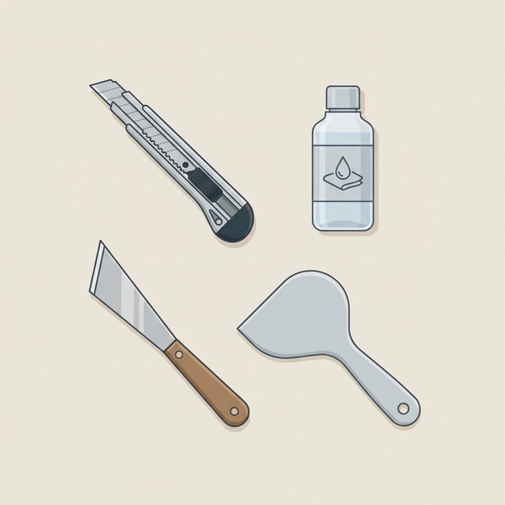A clean, professional flat lay illustration showcasing the essential tools for removing silicone from tiles. Clearly visible are a sharp utility knife or cutter, a bottle of generic chemical silicone remover (without specific brand labels), a flexible plastic spatula (preferably white or light grey), and a small, narrow joint scraper. The tools are neatly arranged on a neutral, light-colored surface, suggesting readiness and preparation for a DIY task, with a minimalist and informative aesthetic.