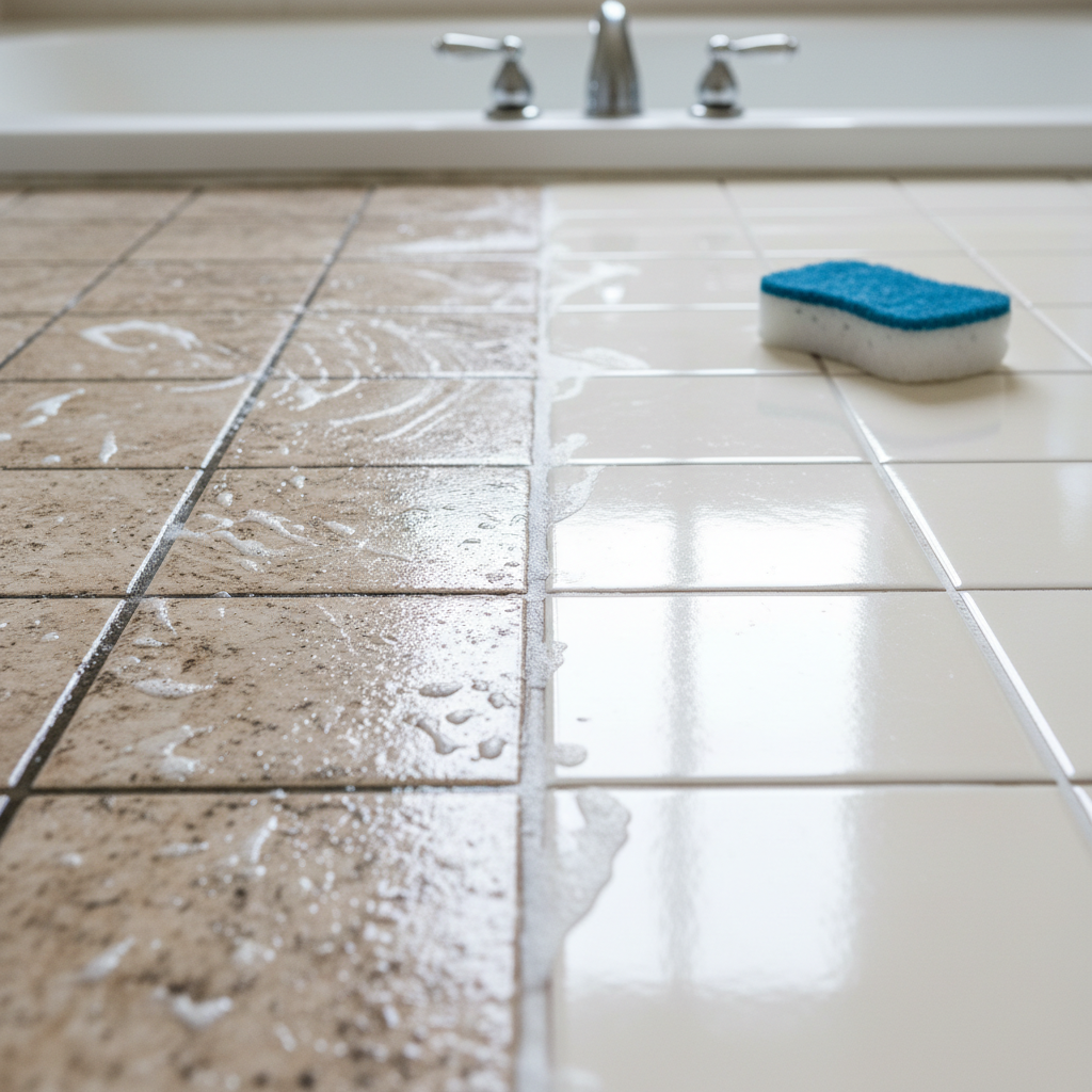 A high-quality, professional photograph capturing a close-up scene of ceramic tiles, half of which are visibly dirty with grime, soap scum, and discolored grout lines. The other half of the tiles and grout are sparkling clean, reflecting ambient light beautifully, creating a stark and impressive contrast. A generic, clean sponge or brush is positioned near the transition line, implying the cleaning action. The setting suggests a kitchen or bathroom floor/wall. The lighting is bright and natural, highlighting the difference in shine and cleanliness.