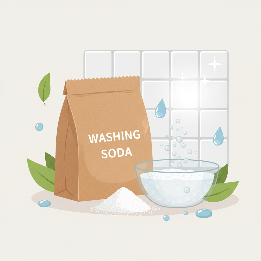 A modern, clean flat illustration showcasing the benefits of washing soda for tile cleaning. The central focus is a small, opened paper bag of white granular powder, representing soda, with a few granules spilling out. Next to it, a clear glass bowl contains a foamy solution, with subtle effervescent bubbles rising, symbolizing the active cleaning power. In the background, a section of pristine, shiny tiles radiates a gentle glow. Surrounding elements include delicate leaves and water droplets, conveying the natural and eco-friendly aspects of soda.