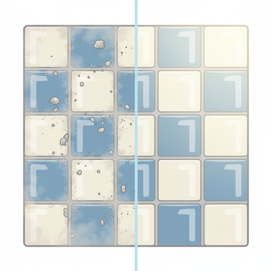 A vibrant, flat illustration depicting a tiled wall or floor section. One half of the illustration shows tiles with a visible, dull grey grout haze and scattered dried grout crumbs, making the surface look messy and unpolished. The other half shows the exact same tiled section, but sparkling clean and bright, with perfectly defined grout lines and a clear, reflective tile surface. A subtle dividing line down the middle emphasizes the contrast. The overall style is clean, modern, and infographic-like, using a pleasing color palette that highlights the transformation from neglected to pristine.