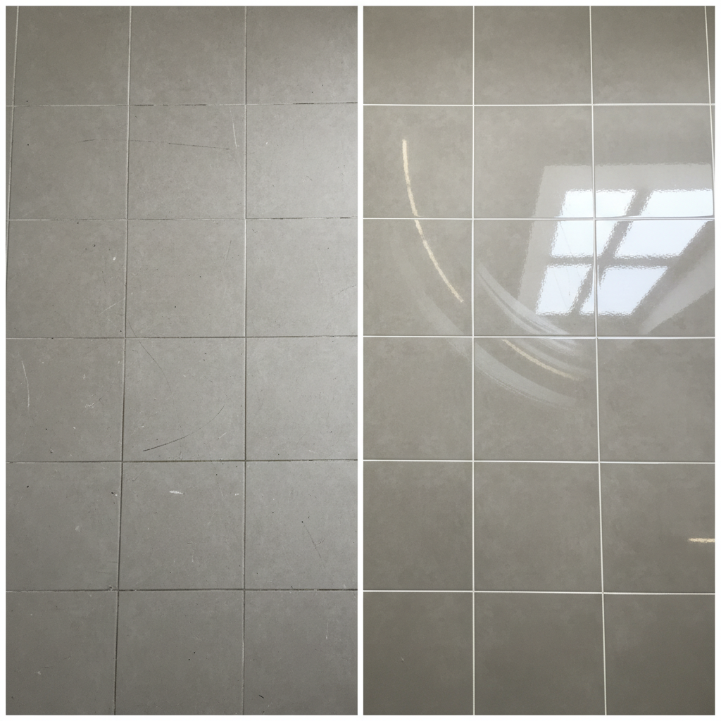 A visually striking split-screen or side-by-side comparison image of a tiled floor. On the left side, depict a section of dull, matte, slightly scratched ceramic floor tiles, perhaps in a muted grey or beige tone, showing signs of wear and age. On the right side, show the identical tiled floor section transformed, gleaming with a high-gloss finish, reflecting ambient light beautifully. The polished tiles should appear vibrant, clean, and brand new, demonstrating a dramatic before-and-after effect. Use a professional photo style with bright, clean lighting to emphasize the renewed shine and visual appeal.