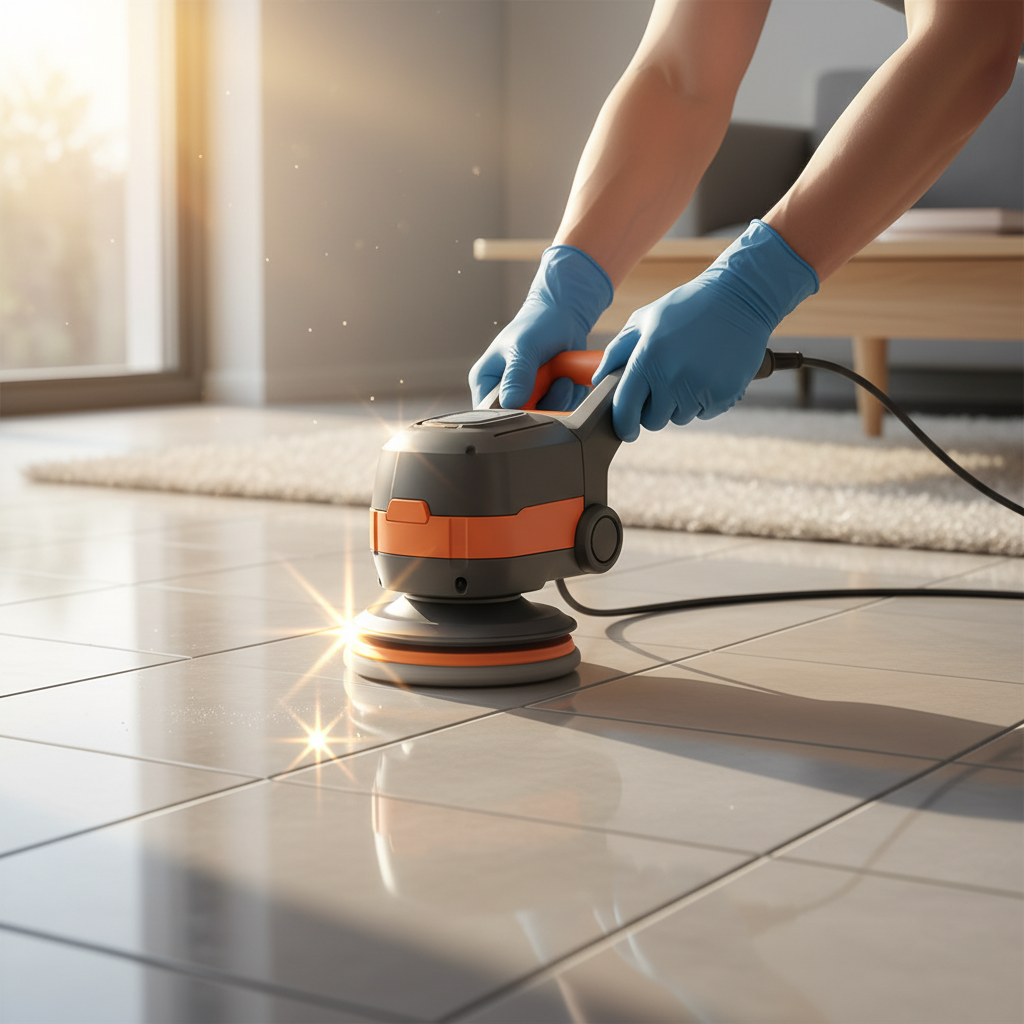 A dynamic, mid-shot illustration showing a person's hands, in protective gloves, expertly operating a compact, electric rotary polishing machine on a floor. The focus is on the area being polished, with a clear visual contrast between the dull, unpolished tiles around the edge of the machine's path and the freshly gleaming, reflective tiles directly beneath and behind it. Bright, warm light sources, such as a window, should cast crisp, star-like reflections on the newly polished surface. The setting is a clean, modern living space. Use a realistic, detailed digital illustration style, emphasizing the smooth, glossy texture of the polished tiles.