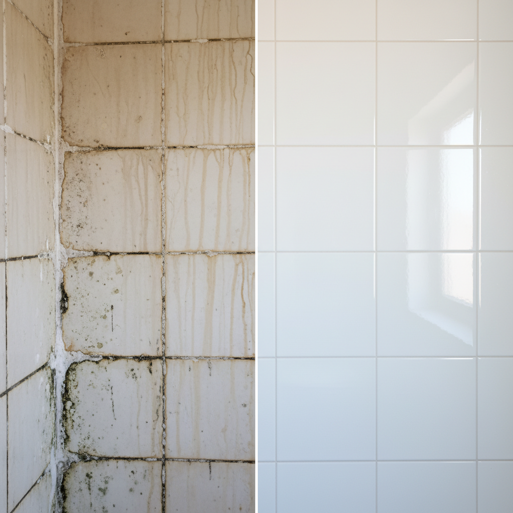 A professional, high-resolution split-screen photo or realistic digital illustration showcasing a bathroom wall with tiles. One half of the image depicts dull, stained, and slightly moldy bathroom tiles with visible limescale and soap scum, particularly around the grout lines, appearing neglected and unhygienic. The other half, seamlessly integrated, shows the same tiles sparkling clean, gleaming, and pristine, reflecting light beautifully, with bright, clean grout. The contrast should be stark, emphasizing the dramatic improvement from proper cleaning and the restoration of a hygienic, brilliant surface.