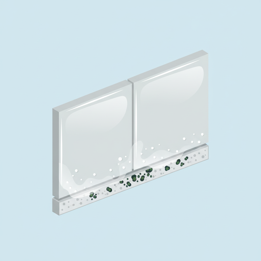 A clean and modern flat illustration or infographic style image depicting a close-up cross-section of a bathroom tile wall, specifically highlighting the surface of a tile and the grout line between two tiles. On the grout line and subtly on the tile surface, stylized representations of common bathroom contaminants are visible: tiny white 'limescale' specks, a translucent 'soap residue' film, and small, abstract green or black 'mold' spores clustered in the grout. The overall impression should be informative and clearly illustrate the various problem areas where dirt and microorganisms accumulate.