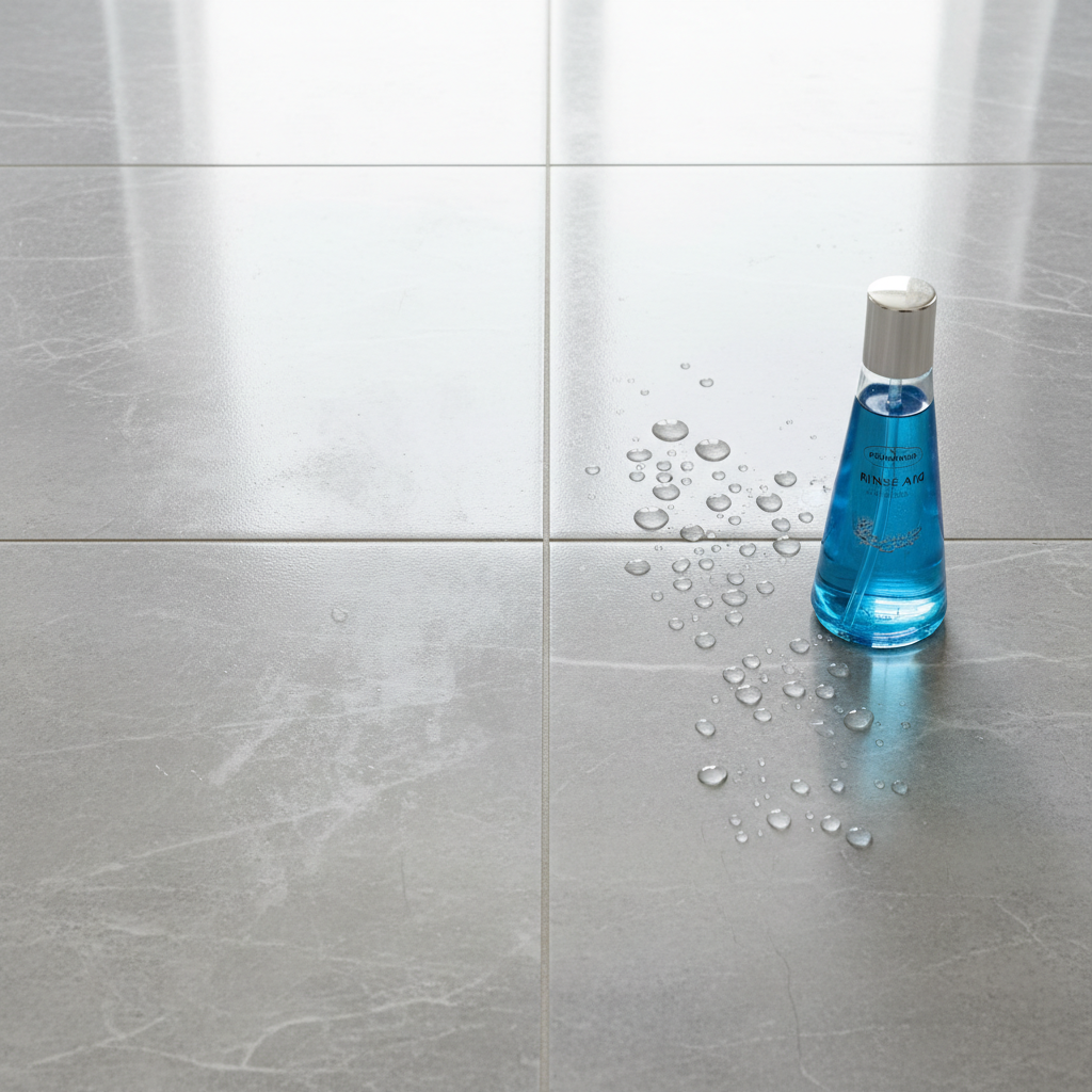 A professional, bright overhead shot showcasing a clean bathroom or kitchen floor with ceramic tiles. The image should be split vertically or horizontally, depicting a clear 'before and after' effect. On one side, tiles appear dull, with visible streaks, faint water stains, and perhaps a subtle haze of limescale. On the other side, the same tiles are sparkling, highly reflective, and appear perfectly clean and streak-free. A generic, elegant bottle of 'rinse aid' is subtly placed near the clean section, suggesting its role, with water droplets beautifully beading on the shiny surface. High-key lighting, modern aesthetic.