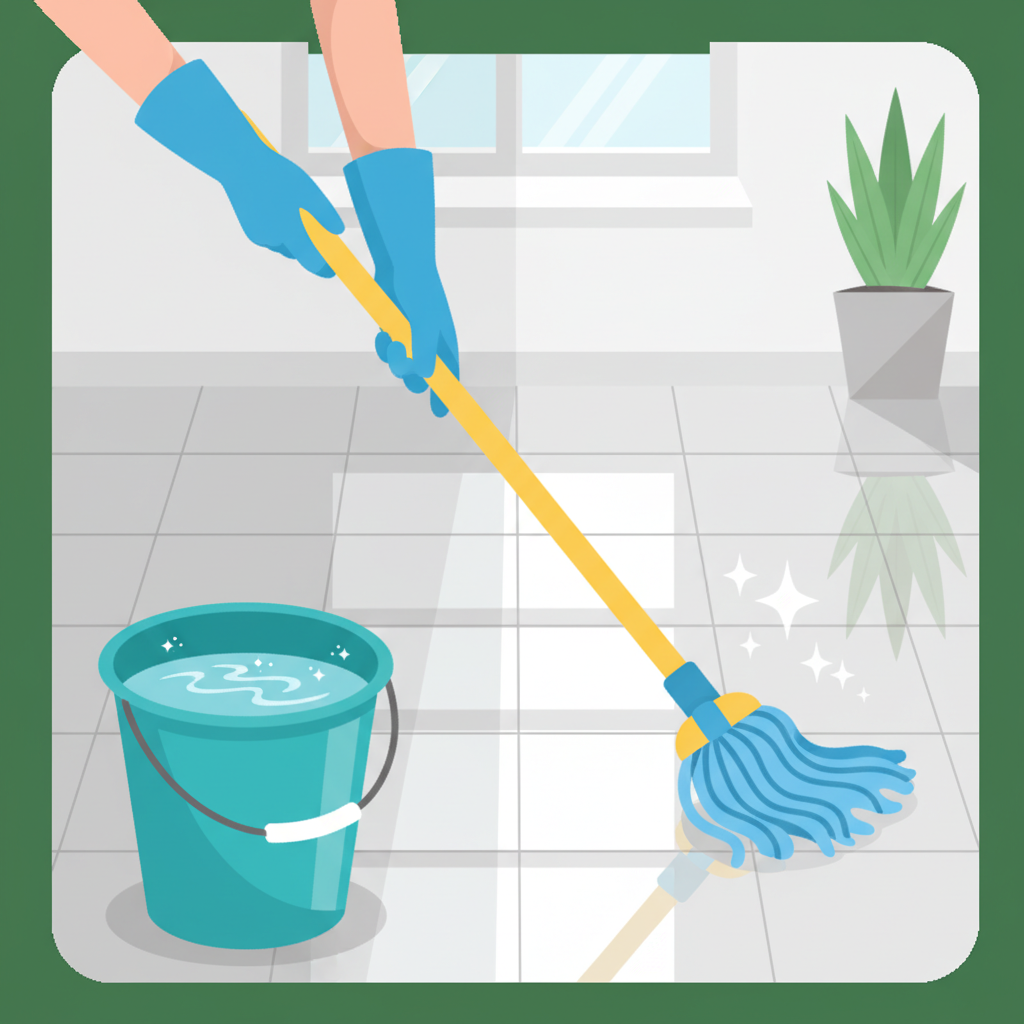 A vibrant flat illustration depicting the process of cleaning floor tiles. A pair of hands, wearing protective gloves, holds a mop with a long handle, actively wiping a section of clean, shiny grey or white tiles. In the foreground, a bucket contains clear water with a few drops of a translucent liquid, representing rinse aid, creating a subtle, shimmering effect. The cleaned tiles behind the mop should have a noticeable, almost glowing sheen, with small, abstract 'sparkle' icons indicating cleanliness and streak-free results. The overall scene should convey ease, efficiency, and cleanliness.