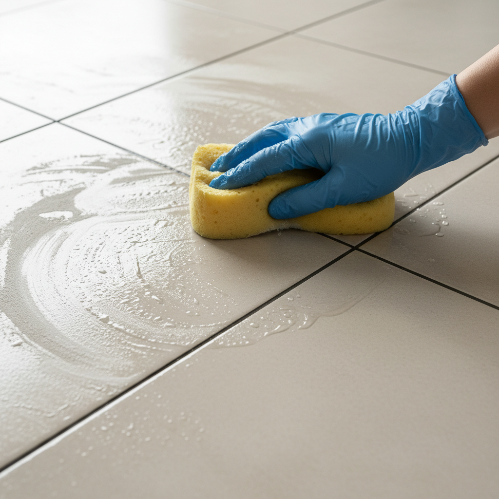 A close-up, high-angle professional photo capturing the action of cleaning tiles after grouting. A hand wearing a protective glove gently wipes a section of modern, light-colored ceramic tiles with a soft, damp sponge. A subtle, dried-on residue or haze is visible on one part of the tile surface, transitioning to a sparkling, clean finish where the sponge has just passed, illustrating the effective removal of cement residue. The grout lines are perfectly cured and distinct. The overall impression is one of careful work and pristine cleanliness, with natural light highlighting the surface texture.