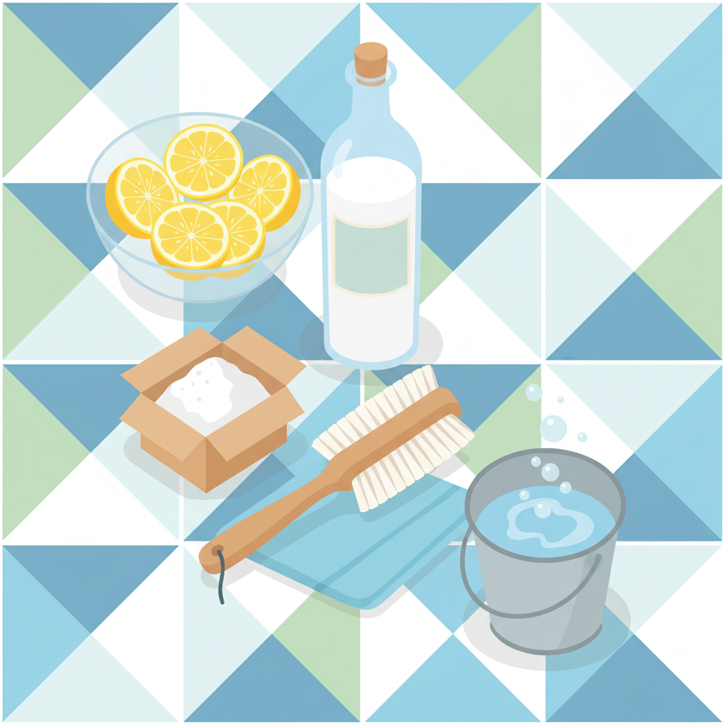 A vibrant, clean flat illustration showcasing a collection of common household cleaning remedies for tiles. Arranged neatly on a stylized tiled surface, prominent elements include a clear glass bowl with sliced lemons, a bottle of white vinegar, a small container of baking soda, a soft-bristled cleaning brush, and a neatly folded microfiber cloth. A small bucket of clear water is also present. The scene should convey simplicity and natural cleaning power, with a bright, inviting color palette, suggesting readiness for or aftermath of tile cleaning.