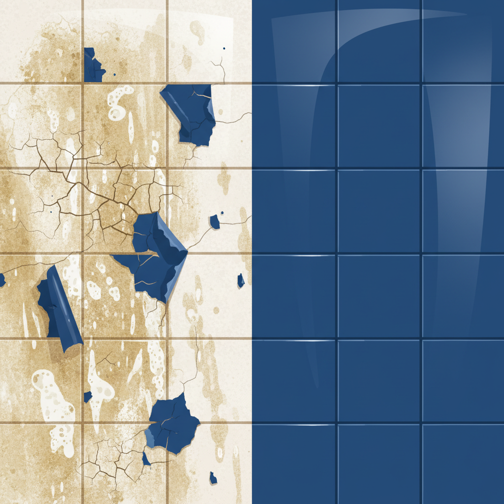 A flat illustration depicting a split view of a tiled wall. On the left side, tiles are covered in visible grime, grease, and soap scum, with paint peeling, cracking, and bubbling badly, indicating poor adhesion. On the right side, the same tiles are sparkling clean, reflecting light, and covered with a perfectly smooth, evenly applied coat of fresh paint, demonstrating excellent adhesion and a flawless finish. The division should be clear, visually emphasizing the stark contrast between neglecting and performing proper surface preparation. The focus is purely visual, illustrating cause and effect.